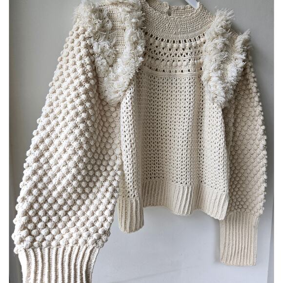 Sea New York Darcy Fringe Merino Wool Chunky Knit Ivory Sweater Womens Size XL - Picture 6 of 13